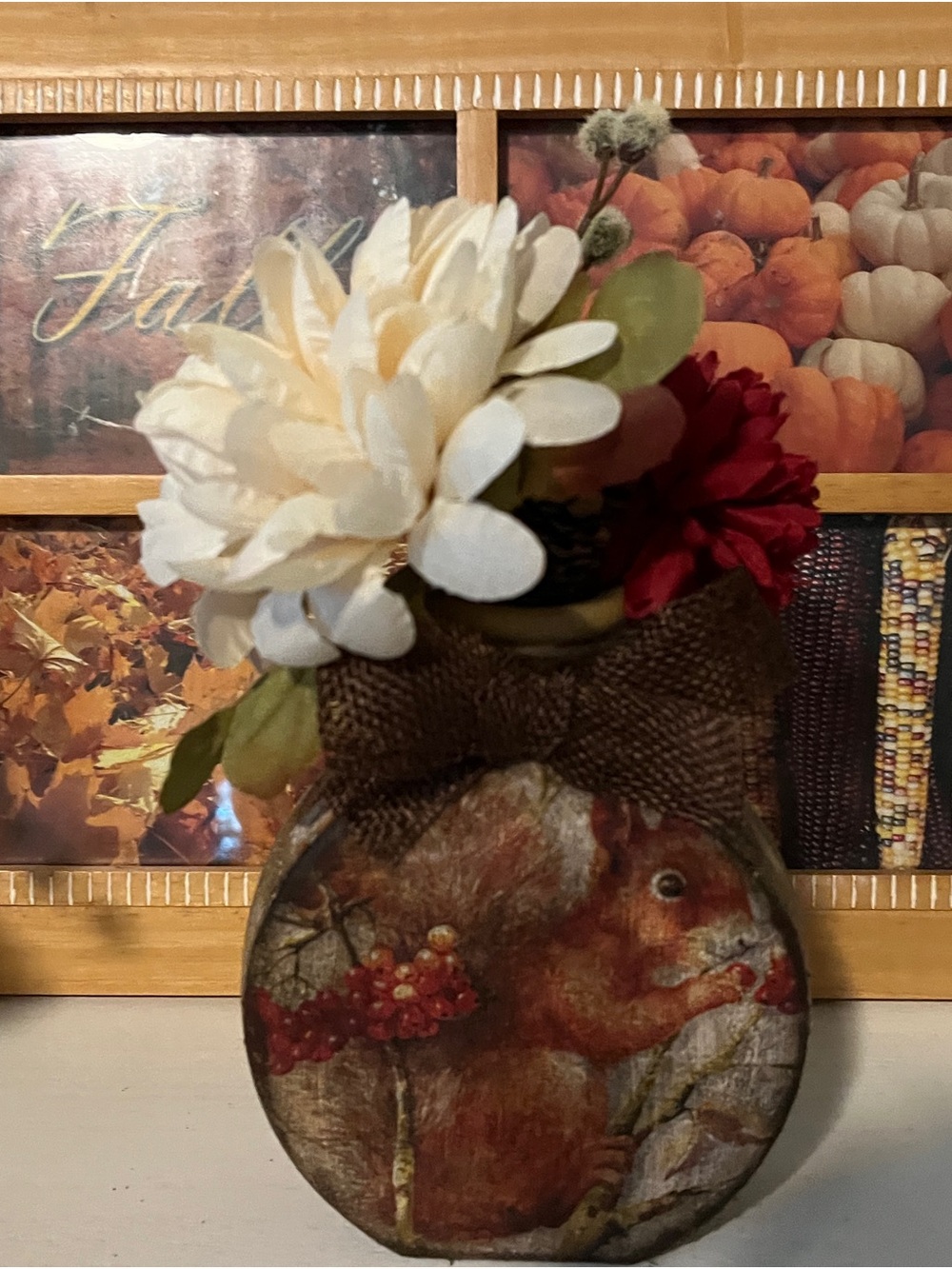 Autumn Squirrel Decorative Vase with Cream and Red Floral Accents